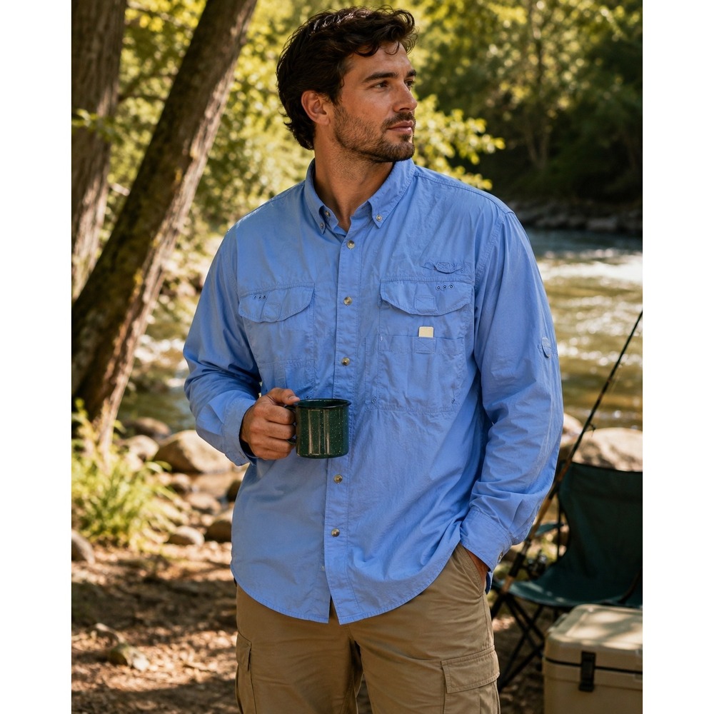 Lido Relaxed Brand Mens Blue Long Sleeve Fishing Shirt Utility Pockets L